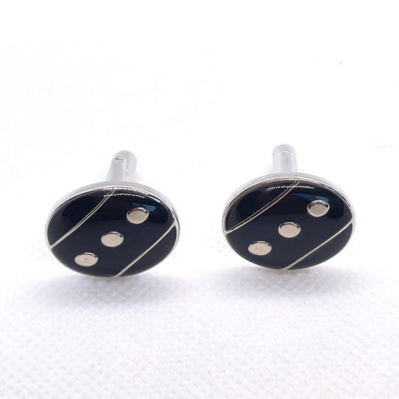 Black Oval Enamel Cufflinks w “Dot” Pattern Silver & Black! Stocking Stuffer! - Picture 3 of 13